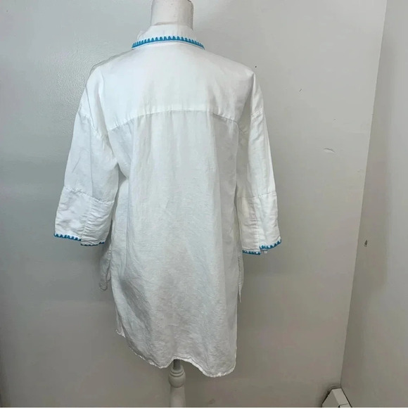 Soft Surroundings White Top Small  Linen Cotton Tunic Button Up Blue Trim Travel - Picture 6 of 11